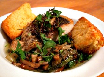 Baked striped bass fillets with peppercorns and mustard sauce. Baked Striped Bass Fillets