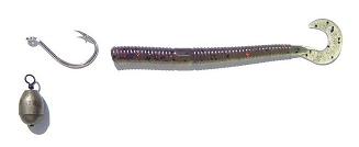 Drop Shot Rig set up with a 4 inch powerbait soft plastic watermelon green worm. Drop shot rig, 4 inch powerbait soft plastic watermelon green worm.