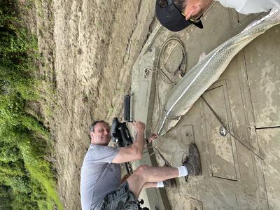 Measuring the 6 ft gar on the boat.