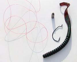 texas rigging set up, red cajun line, half oz. tungsten bullet weight, 3/0 bullet weight, 10 inch berkley powerbait power worm