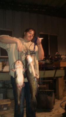 Two Catfish Caught On 2 Poles At The Same Time
